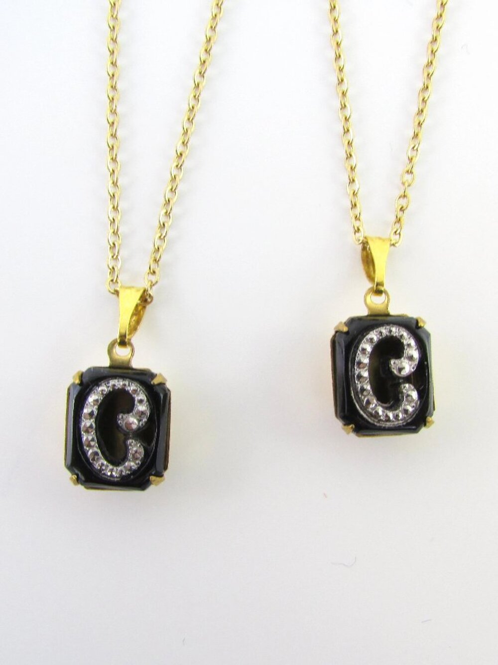 Vintage Victorian Gothic Initial C Pendant Necklace - Black Glass and Marcasite